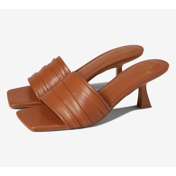 EUC MARC FISHER LTD CALENO Kitten Heel Square Toe SANDAL MEDIUM NATURAL 9.5 - Picture 1 of 9